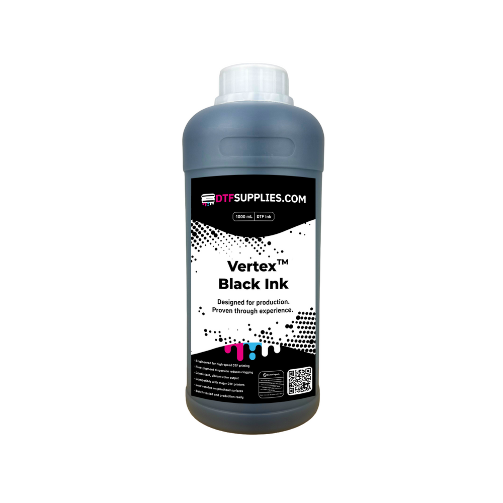Bottle of Vertex Black Ink with DTFSupplies.com label on a white background