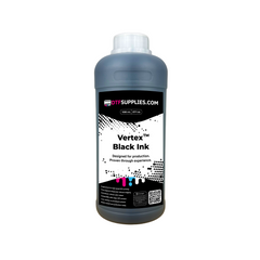 Bottle of Vertex Black Ink with DTFSupplies.com label on a white background