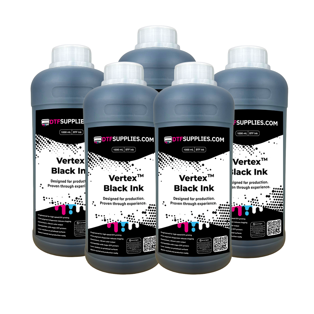 Five bottles of Vertex Black Ink from DTFSupplies.com on a white background