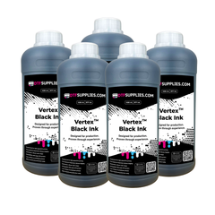Five bottles of Vertex Black Ink from DTFSupplies.com on a white background