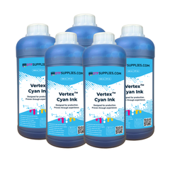 Five bottles of Vertex Cyan Ink from DTFSupplies.com on a white background