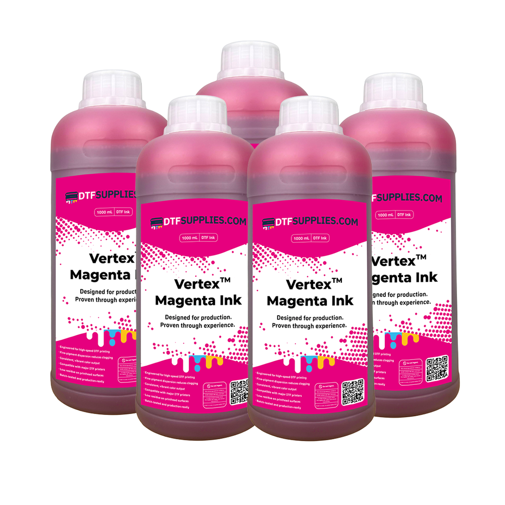 Four bottles of Vertex Magenta ink from DTF Supplies on a white background