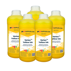 Five bottles of Vertex Yellow Ink from DTFSupplies.com on a white background