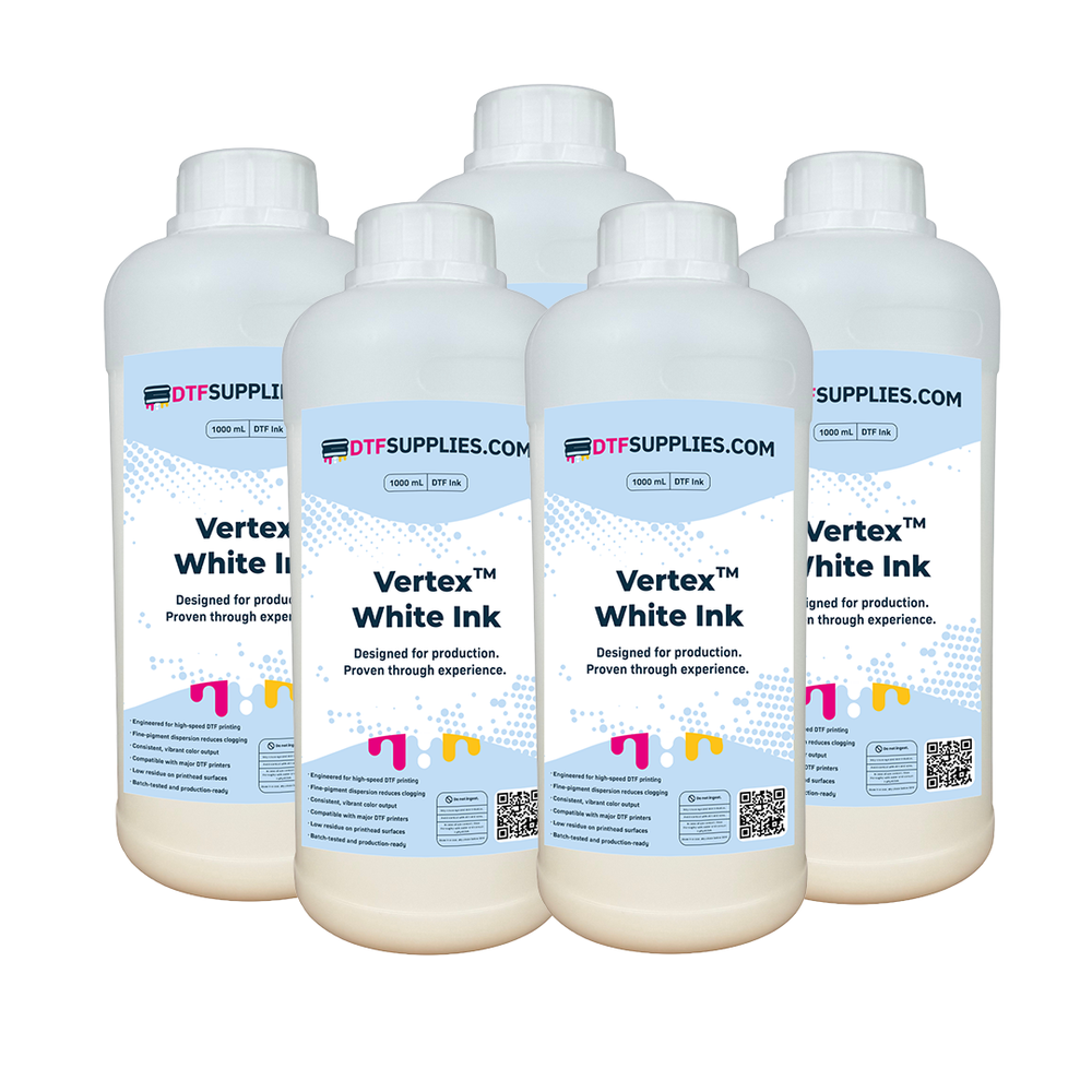 Five bottles of Vertex White Ink from DTFSupplies.com on a white background
