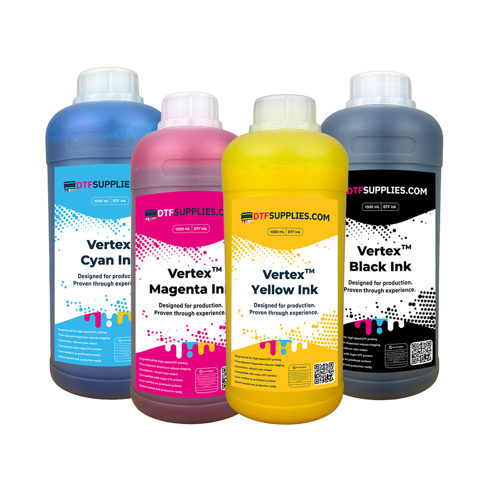 Four bottles of DTF supplies ink with labels for Cyan, Magenta, Yellow, and Black on a white background.