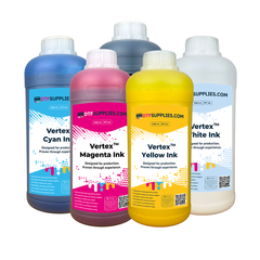 Five bottles of DTF ink from DTF Supplies on a white background