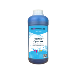 Bottle of Vertex Cyan Ink with DTFSupplies.com branding on a white background