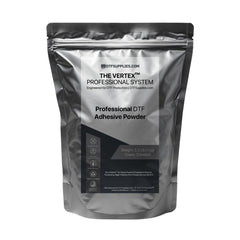 Package of DTF Adhesive Powder with branding and product details on a white background