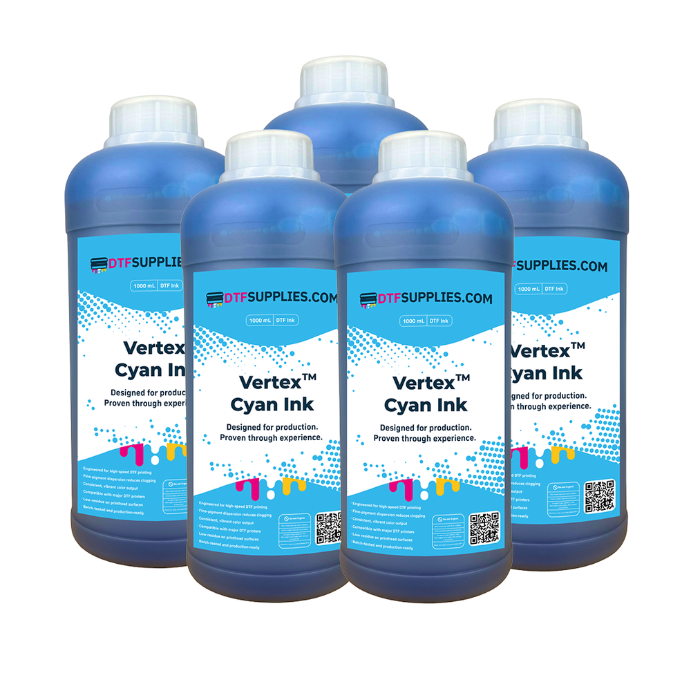 Five bottles of Vertex Cyan Ink from DTFSupplies.com on a white background