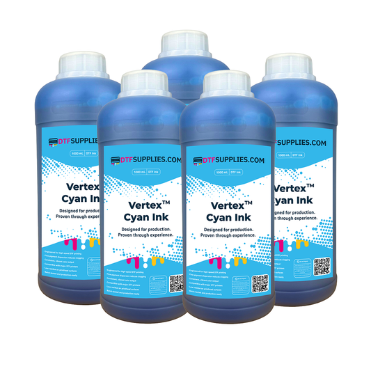 Five bottles of Vertex Cyan Ink from DTFSupplies.com on a white background